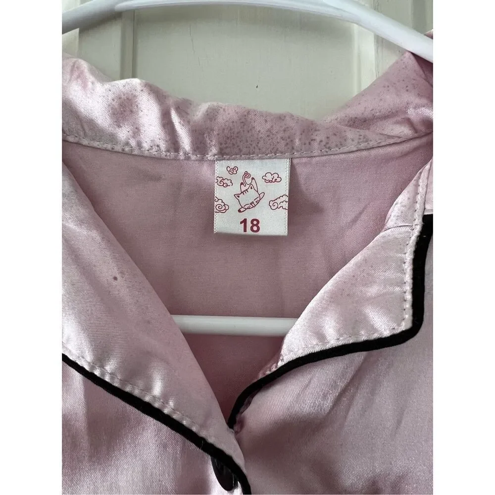 SHEIN pink and black trim girls satin short sleeve pajamas 18